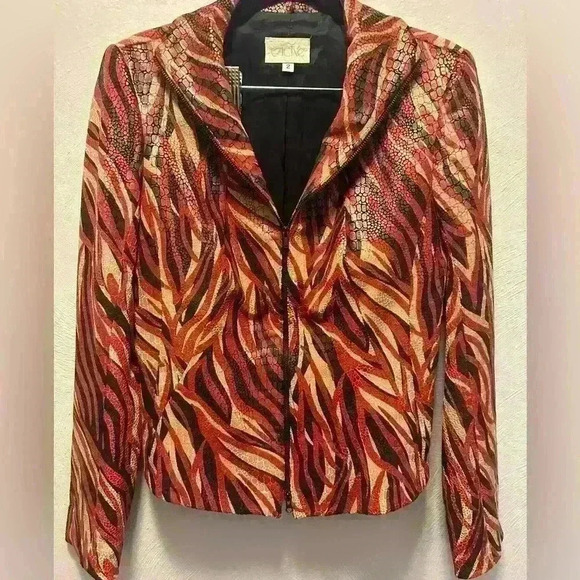 Cache Vintage Red Faux Suede Snake Embossed Print Moto Jacket Size 2 Double Zip - Picture 1 of 7